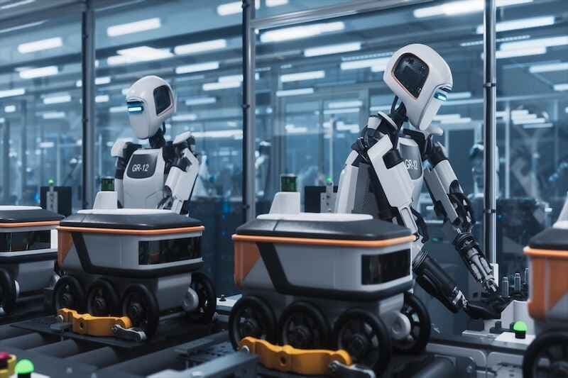 Humanoid Robots Operate on a High-Tech Assembly Line in a Factory,