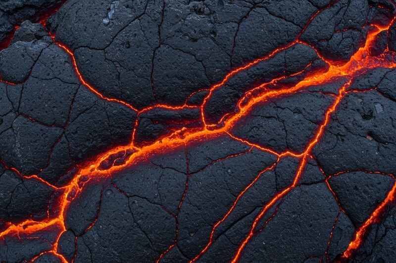 A dramatic close up of glowing orange lava seeping through the dark, cracked crust of solidified basalt rock, creating a powerful and abstract natural texture.