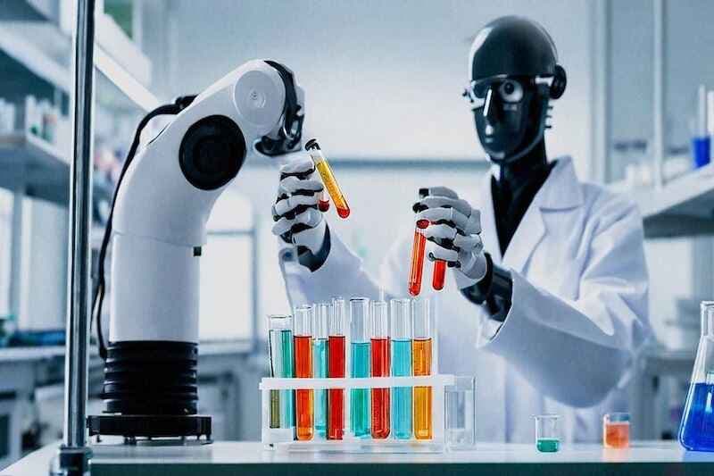 robot working in a lab, wearing a lab coat, holding test tubes
