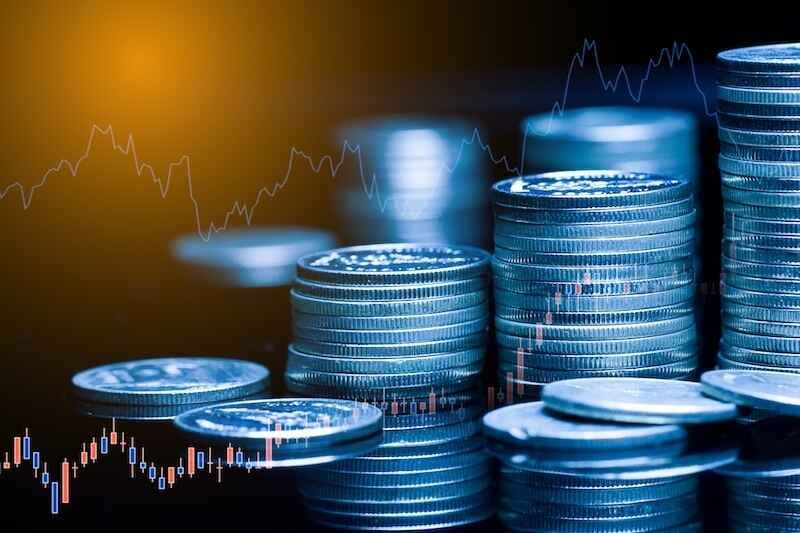 Business finance and investment economy inflation, Capital gain world money economic growth. coin stack financial graph chart, market report on cash currency concept.